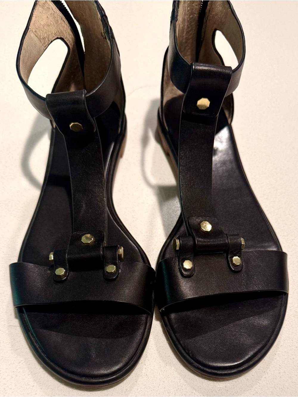 Louise et Cie Black Leather T-Strap Sandals with Gold Studs